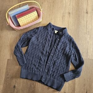 LL Bean Navy Blue 100% Cotton Cable Knit Grandpa Cardigan Sweater Size M Cottage